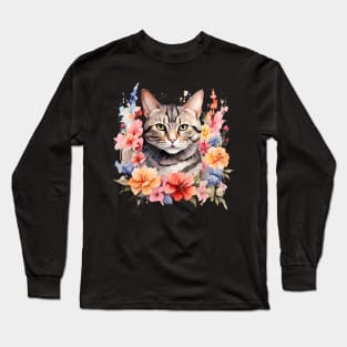 An american shorthair cat decorated with beautiful watercolor flowers Long Sleeve T-Shirt